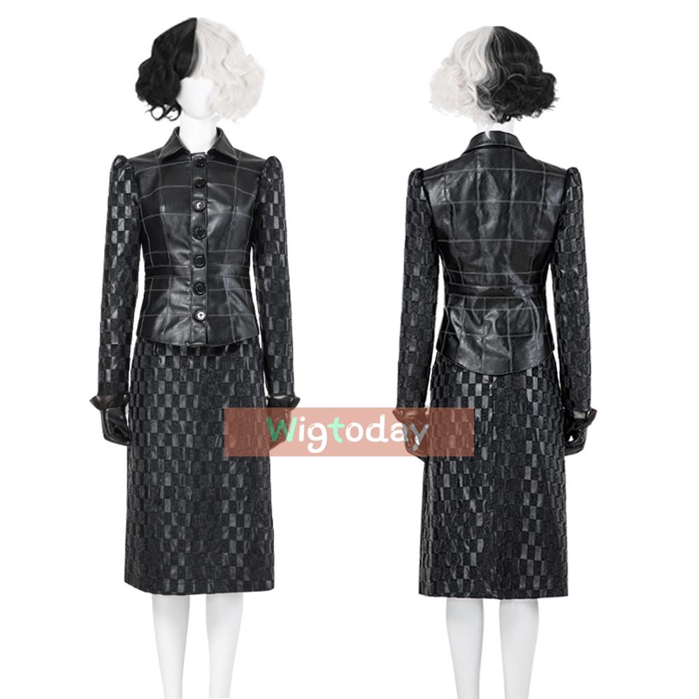 Fashion Queen Cruella De Vil Leather Jacket Full Set Cosplay Costume COS074