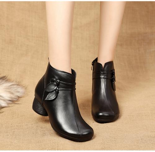 2021 Fall winter ankle boot leather handmade vintage Martin boot chunky middle heel with non slip bottom fleece  F1007