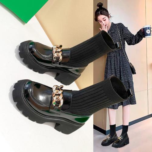 Thick soled British style metal buckle socks boots 2021 autumn/winter thick heel round toe cover Foot British style skinny boots F1001