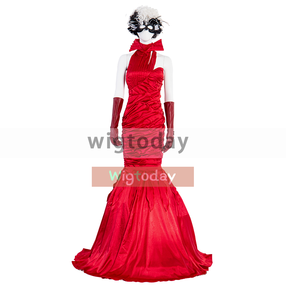 Fashion Queen Cruella De Vil Red Dress Full Set Cosplay Costume COS072