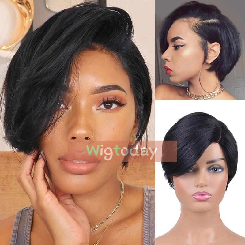 Black Straight Pixie Cut Wig T Part Lace Front Human Hair Wig HW1136