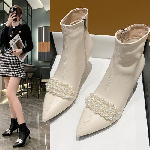 Autumn winter 2021 Black Pointy Short tube Martin boots for women with thin heel zipper and pearl strap boots for women F1014